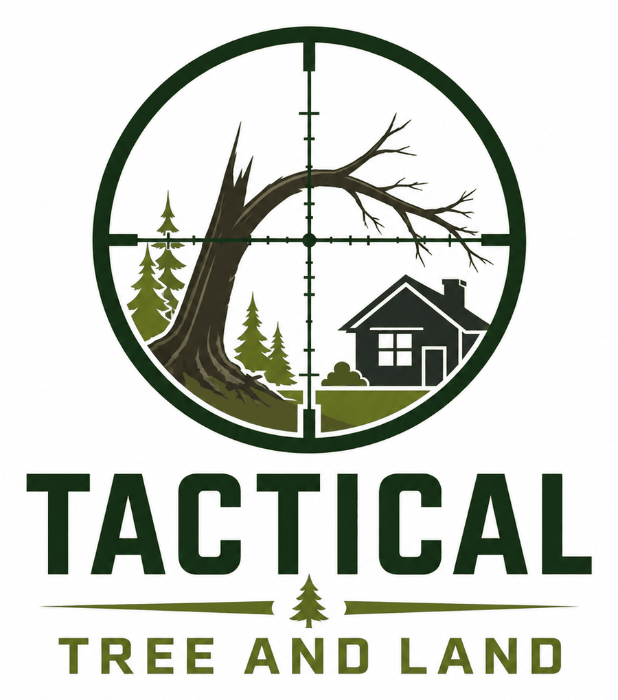 Tactical Tree and Land logo: a leaning tree and a house seen through a crosshair